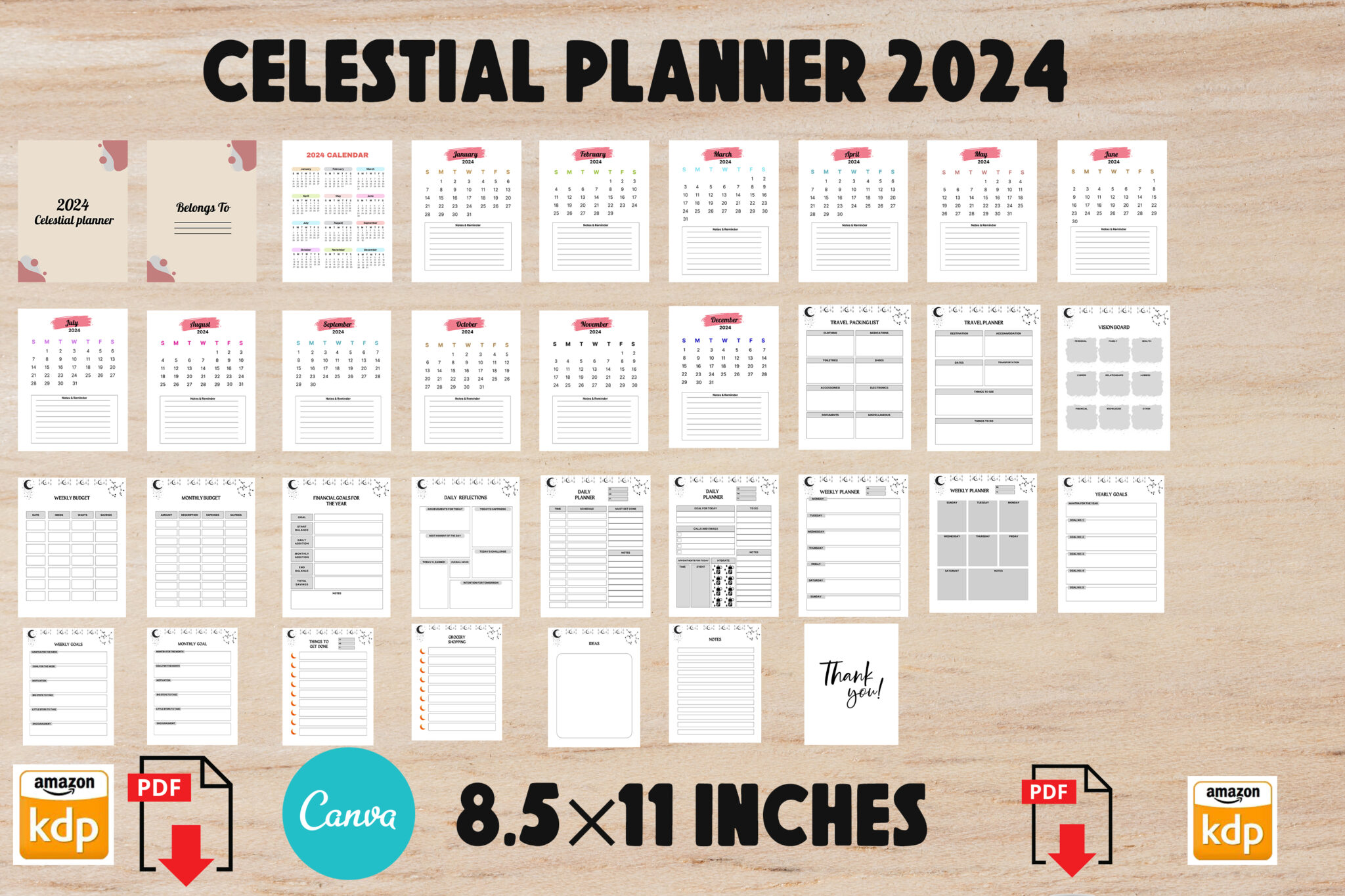 Celestial Planner 2024 , Editable Canva, KDP interior Ready To Upload